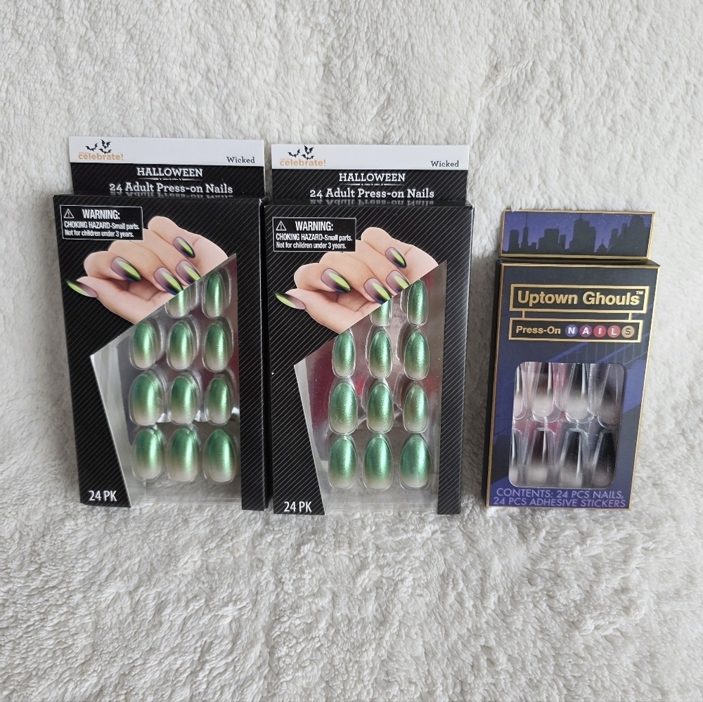New women's "Wicked" adult press-on nails green, uptown ombre bundle of 3 sets